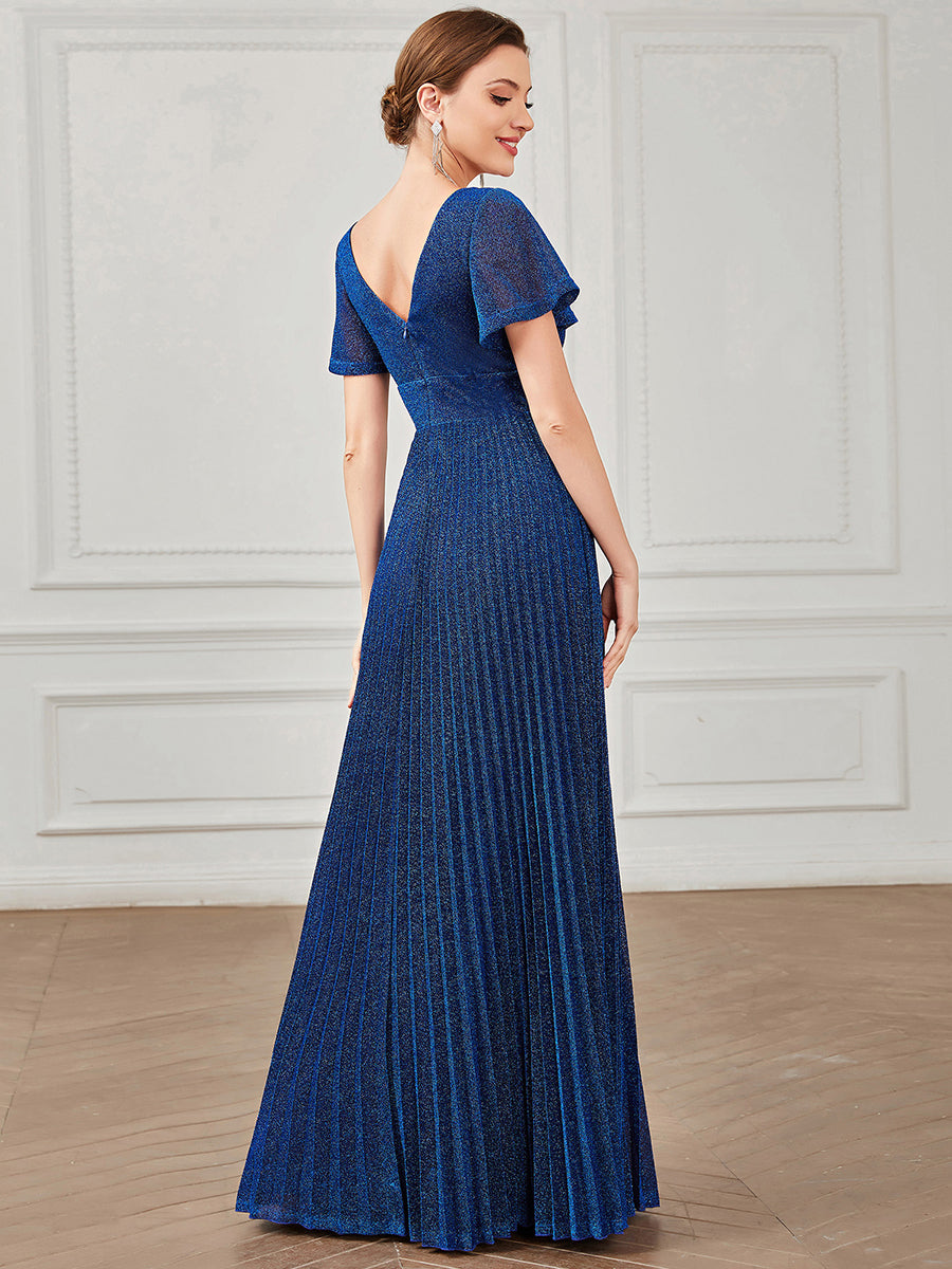 Robe de soirée plissée à manches courtes et col en V #Couleur_Bleu Saphir Robe de soirée plissée à manches courtes et col en V