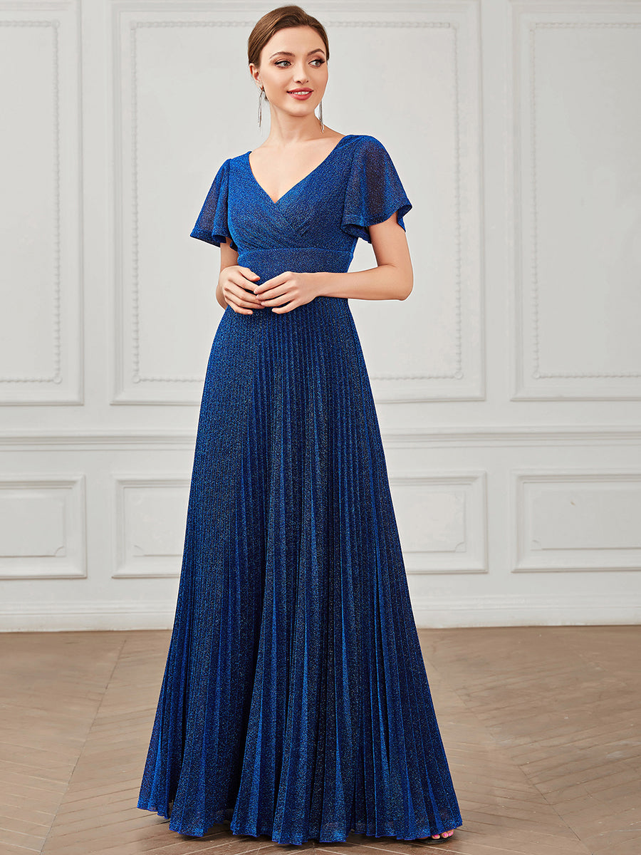 Robe de soirée plissée à manches courtes et col en V #Couleur_Bleu Saphir Robe de soirée plissée à manches courtes et col en V