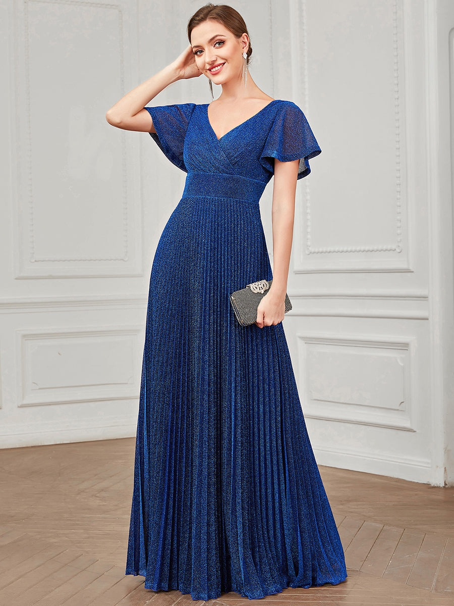 Robe de soirée plissée à manches courtes et col en V #Couleur_Bleu Saphir Robe de soirée plissée à manches courtes et col en V
