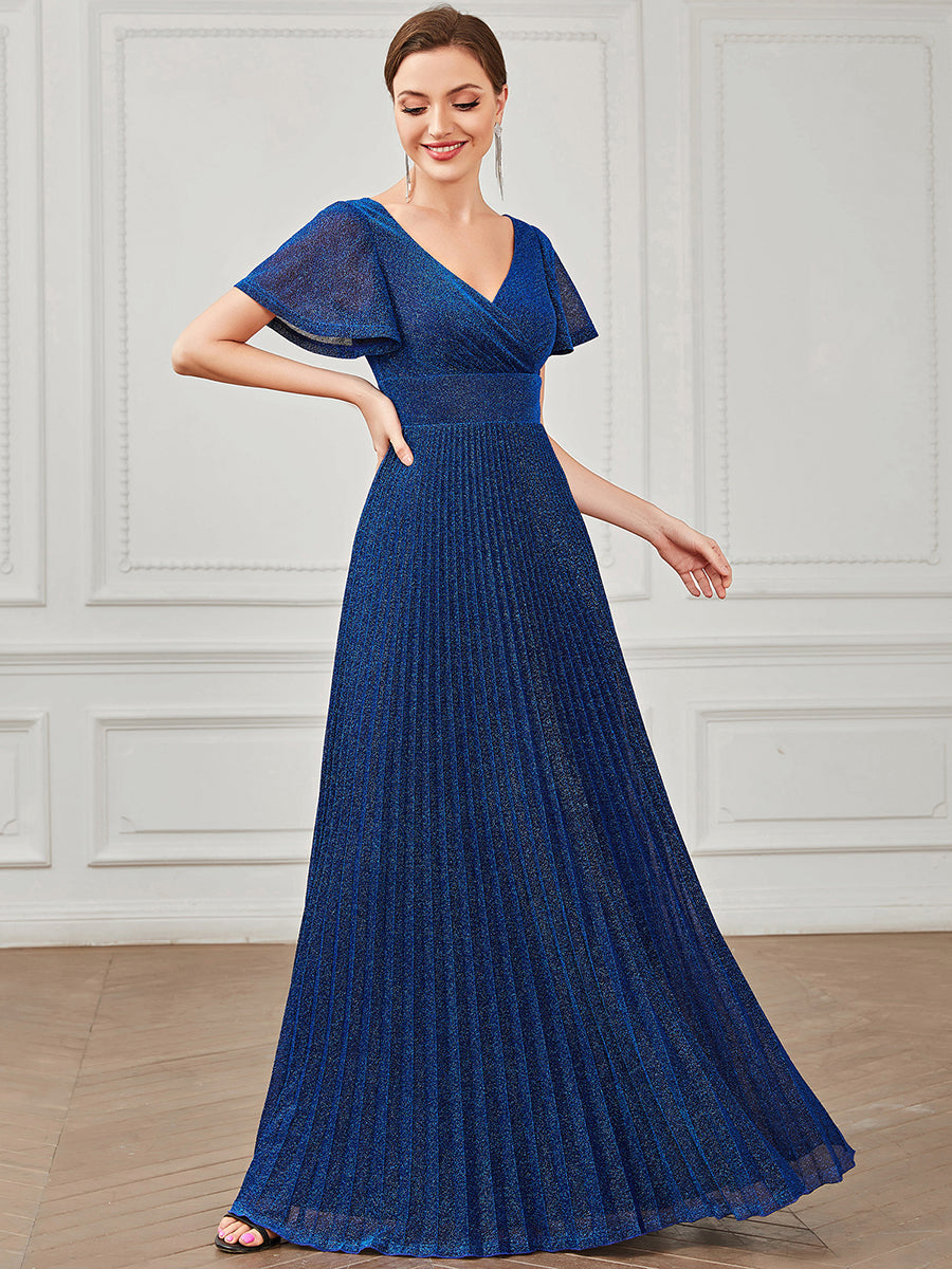Robe de soirée plissée à manches courtes et col en V #Couleur_Bleu Saphir Robe de soirée plissée à manches courtes et col en V