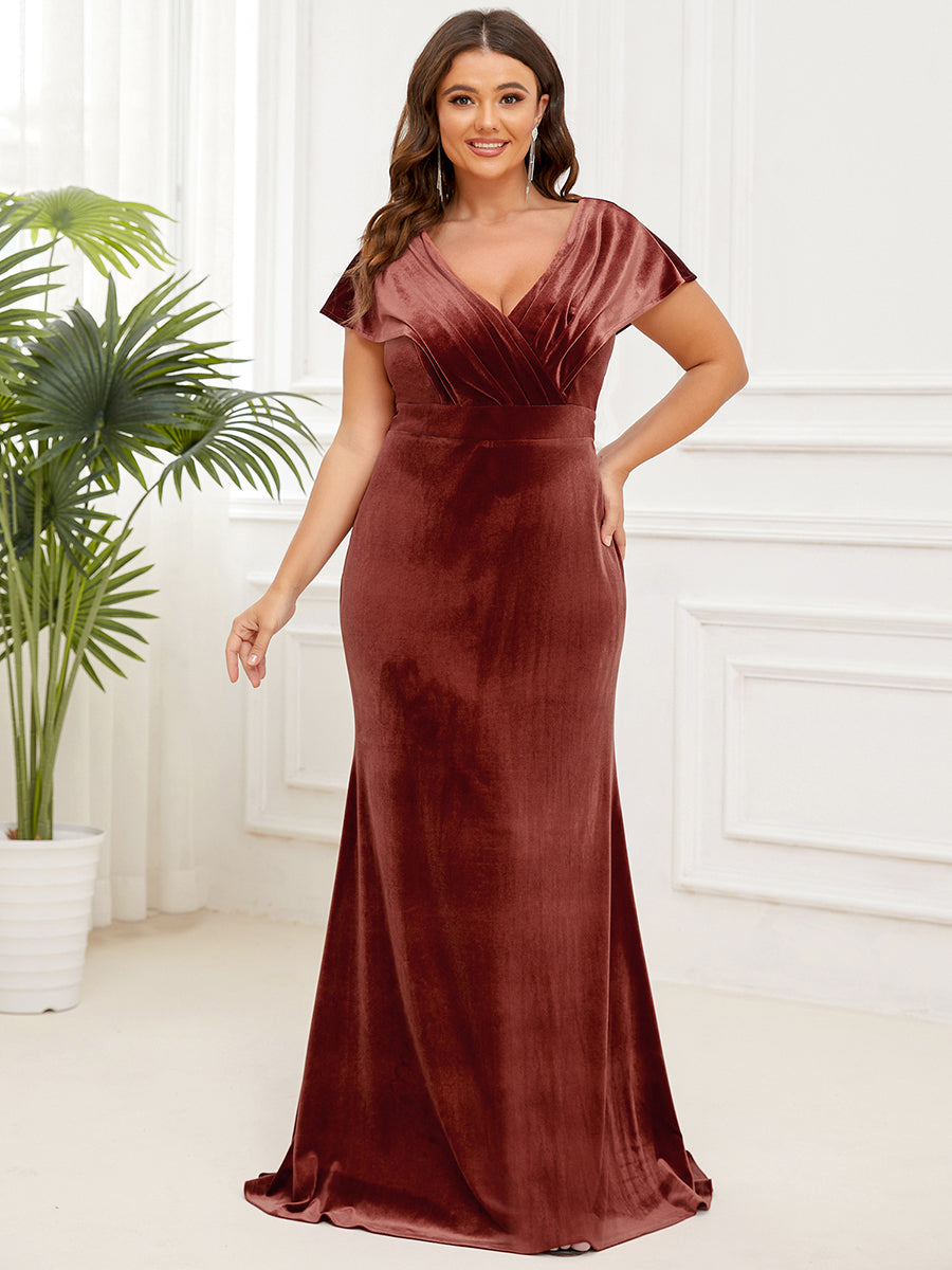 Robe de Soirée Plissée en Velours Col en V de Grande Taille #Couleur_Rouge Brique Robe de Soirée Plissée en Velours Col en V de Grande Taille