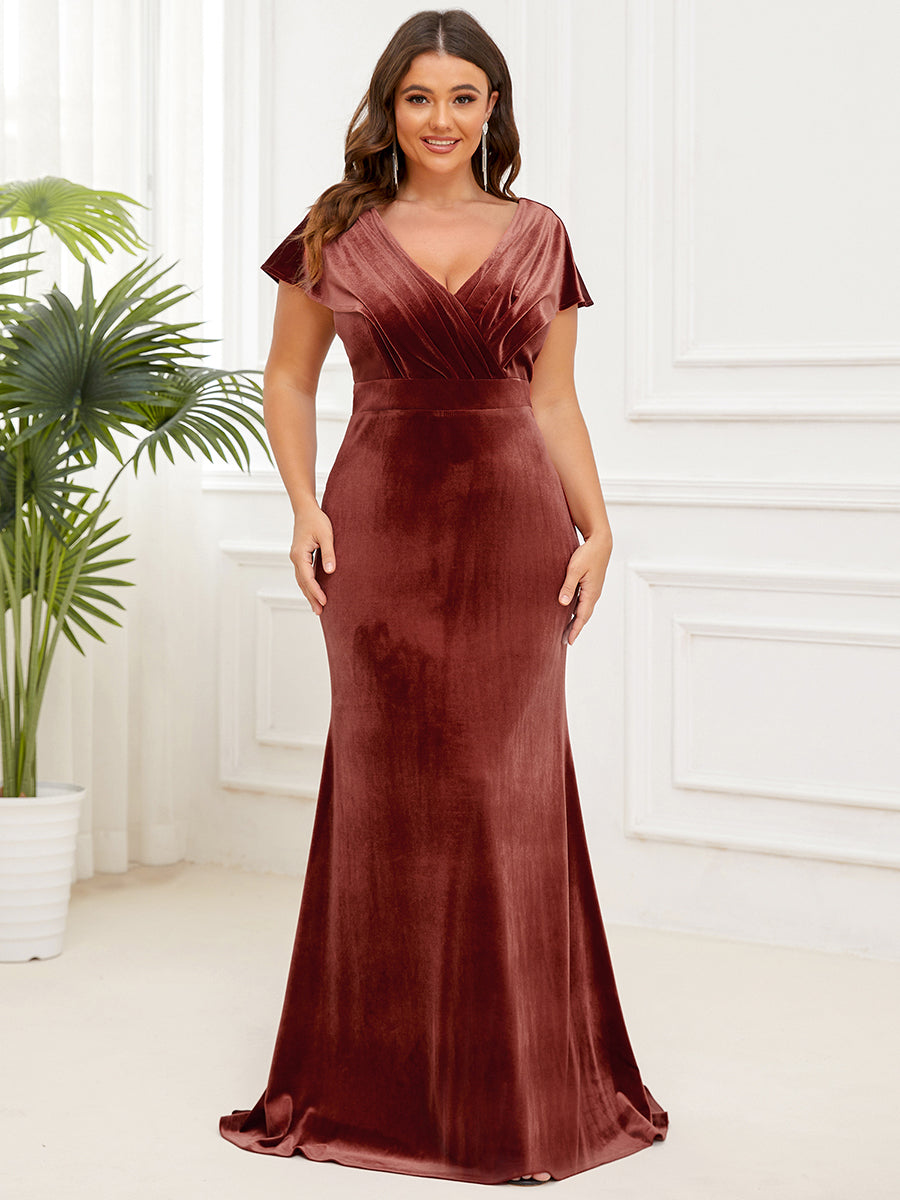 Robe de Soirée Plissée en Velours Col en V de Grande Taille #Couleur_Rouge Brique Robe de Soirée Plissée en Velours Col en V de Grande Taille