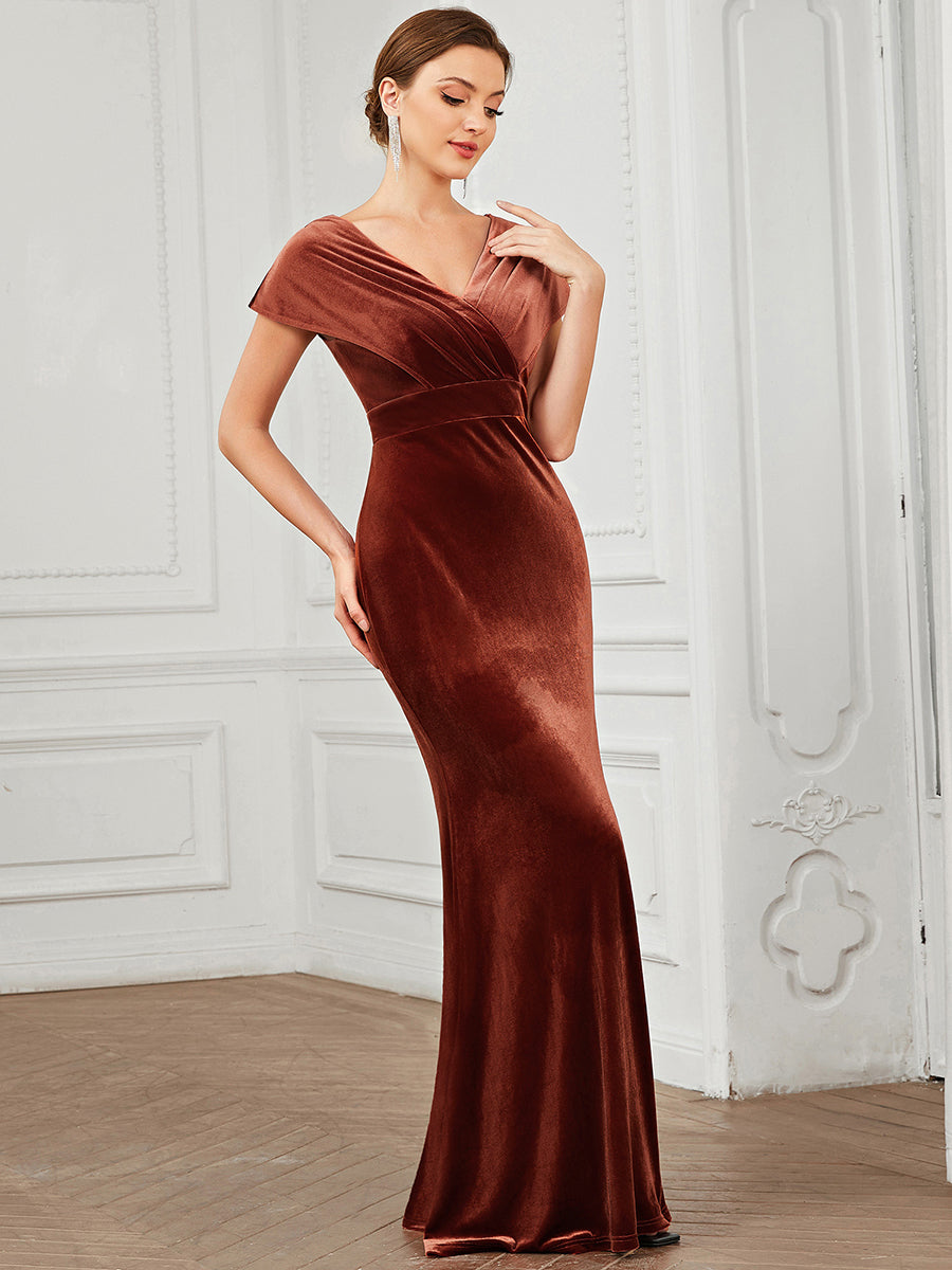 Robe de soirée plissée en velours Col en V Mancherons #Couleur_Rouge Brique Robe de soirée plissée en velours Col en V Mancherons