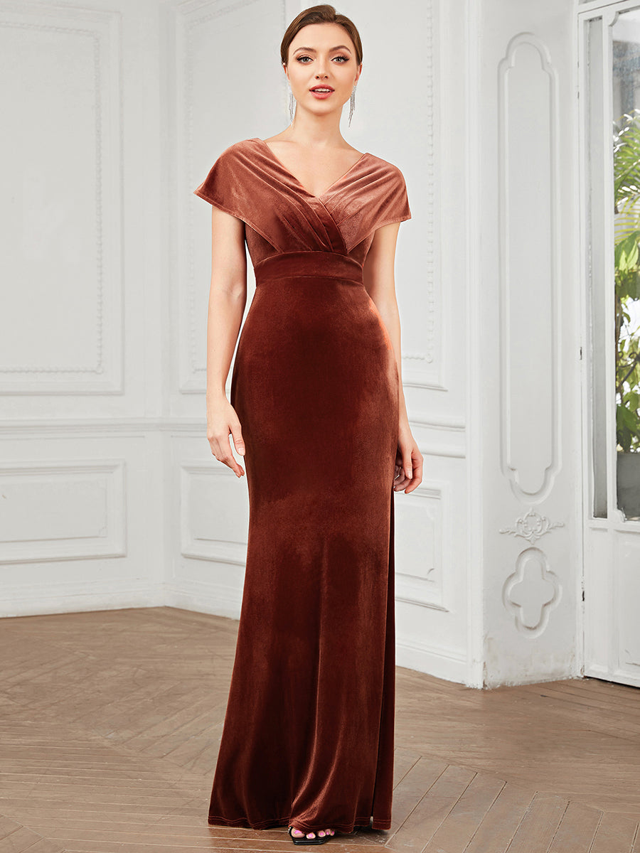 Robe de soirée plissée en velours Col en V Mancherons #Couleur_Rouge Brique Robe de soirée plissée en velours Col en V Mancherons