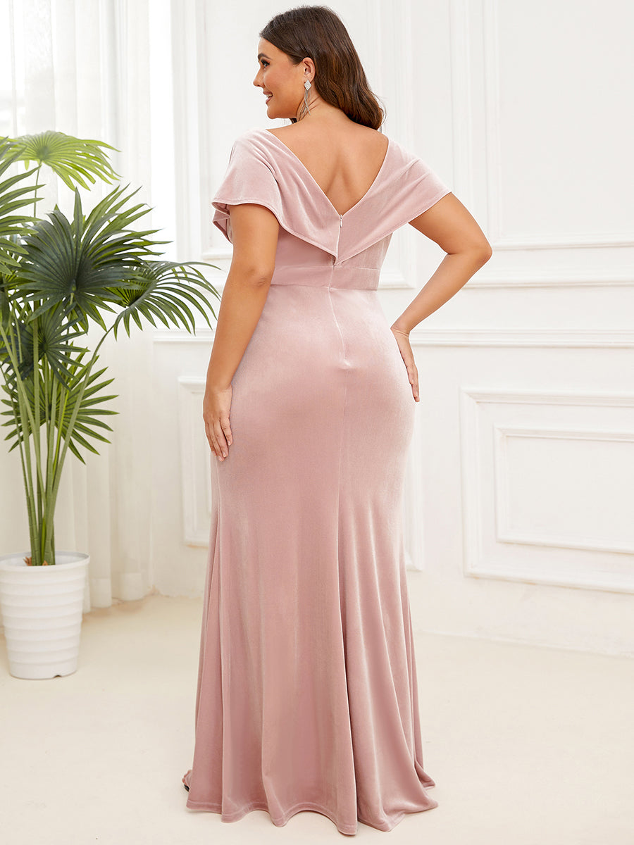 Robe de Soirée Plissée en Velours Col en V de Grande Taille #Couleur_Rouge Brique Robe de Soirée Plissée en Velours Col en V de Grande Taille