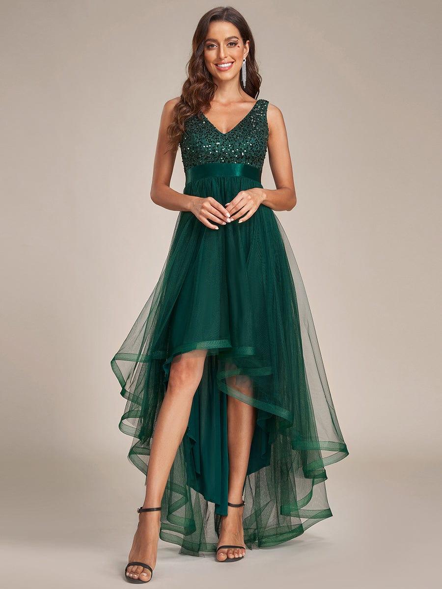 Robe de soirée Sans manches Bal et sequins haute-basse #Couleur_Vert Fonce