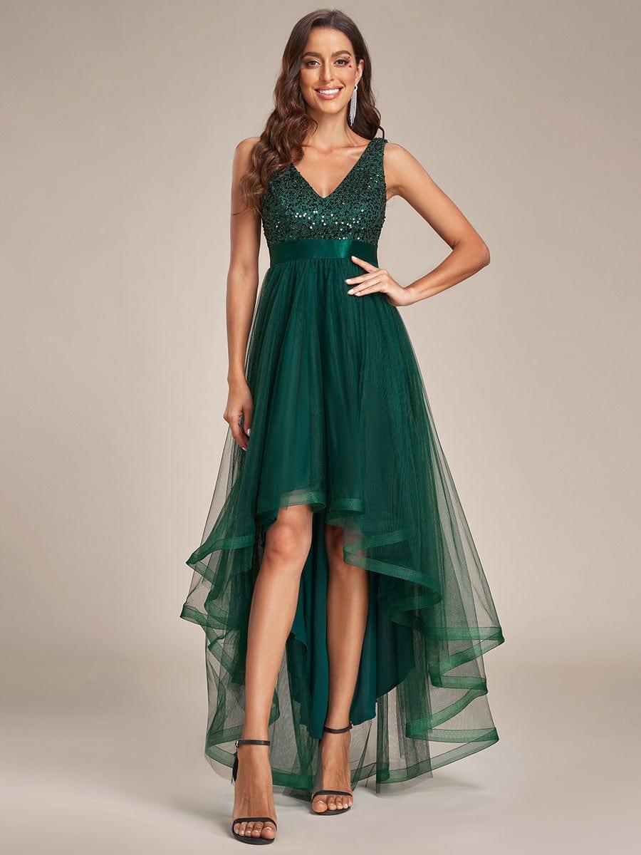Robe de soirée Sans manches Bal et sequins haute-basse #Couleur_Vert Fonce