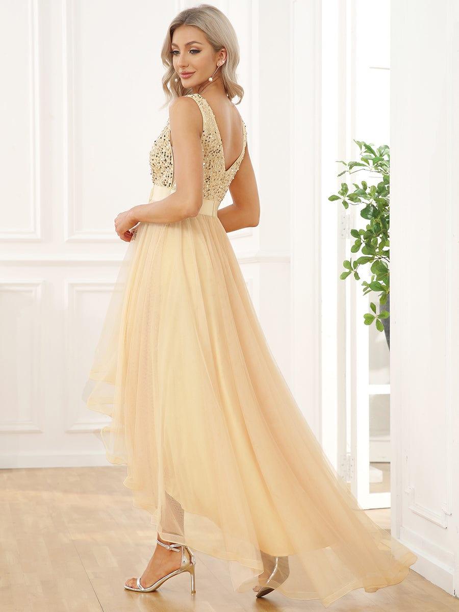 Robe de soirée haute basse sans manches à col en V et sequins #Couleur_Dorée