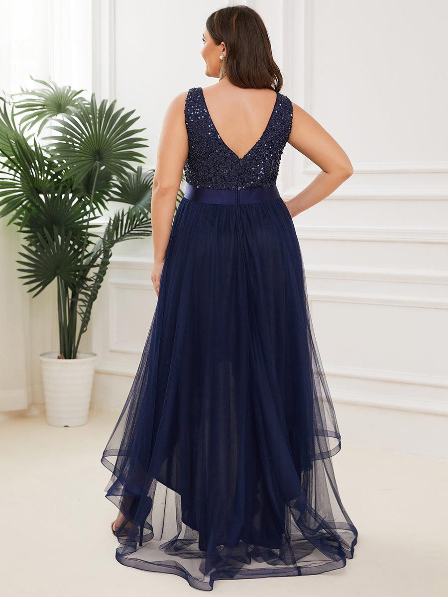 Robe de Soirée Haute Basse à Col en V à Paillettes de Grande Taille #Couleur_Bleu Marine