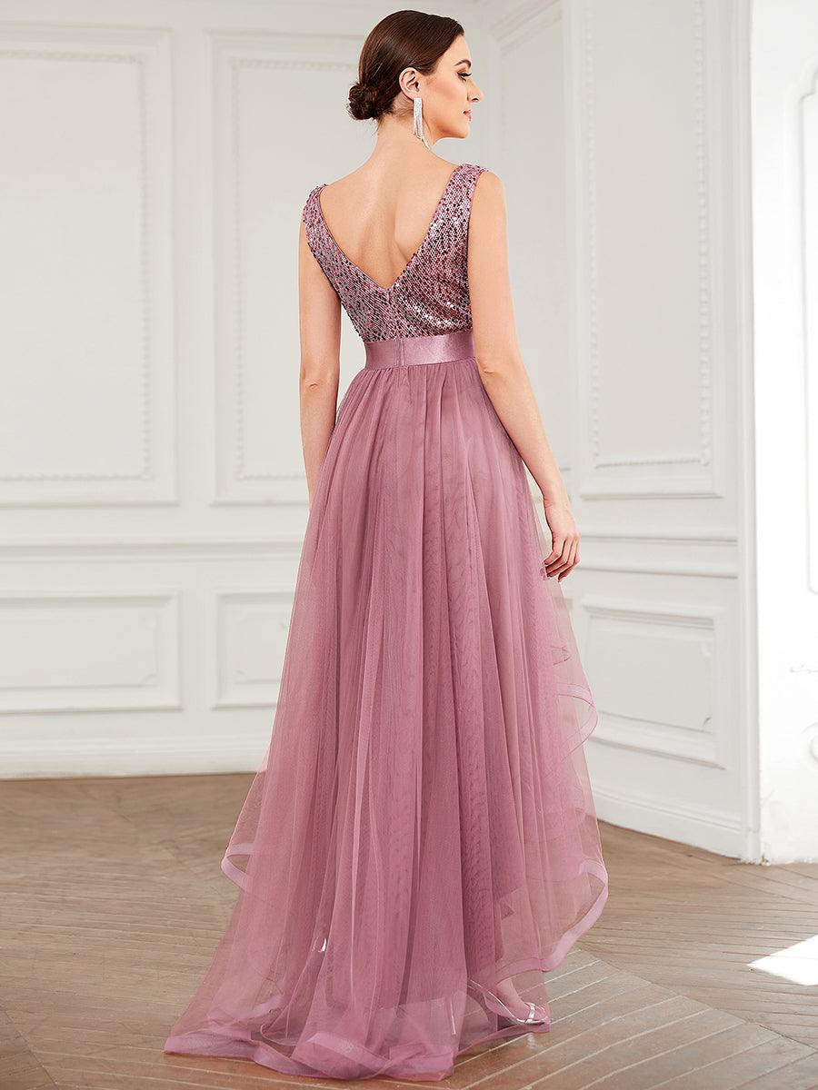 Robe de soirée haute basse sans manches à col en V et sequins #Couleur_Orchidee