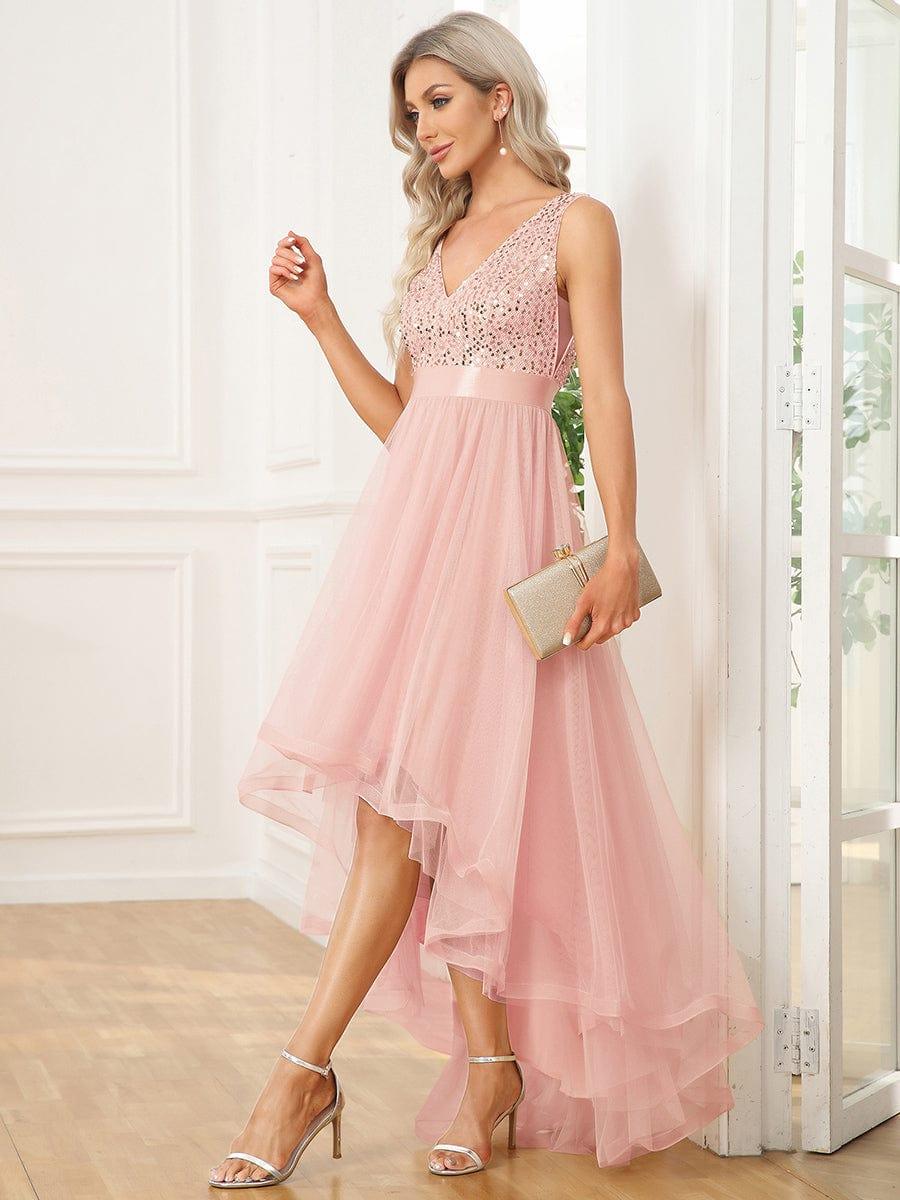 Robe de soirée Sans manches Bal et sequins haute-basse #Couleur_Rose