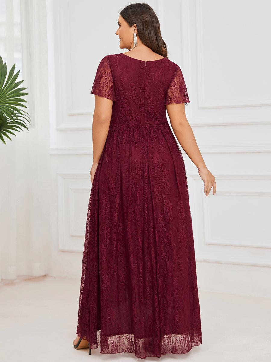 Robe de soirée en dentelle plissée à manches courtes et col en V #Couleur_Bordeaux