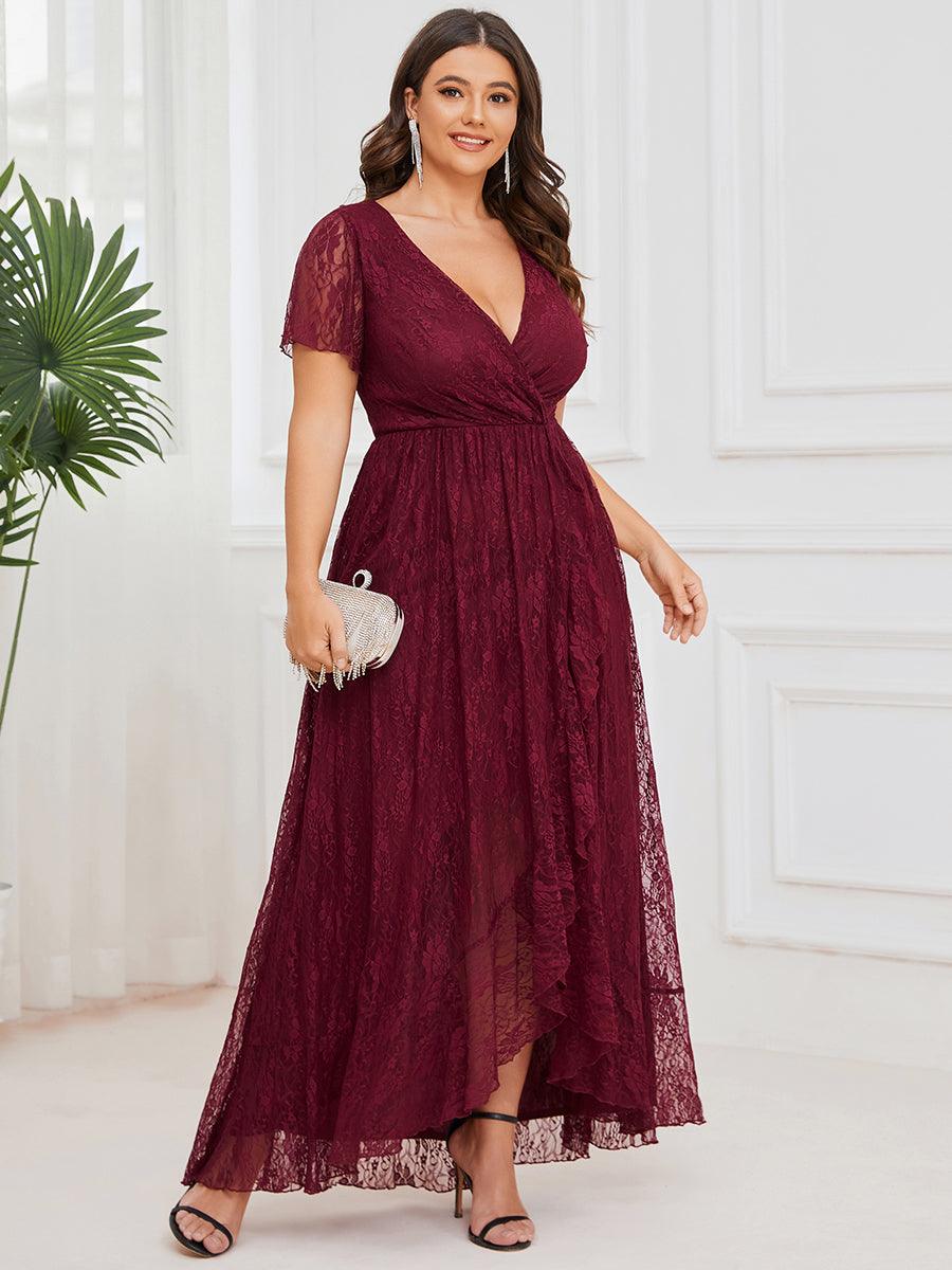 Robe de soirée en dentelle plissée à manches courtes et col en V Grande taille #Couleur_Bordeaux