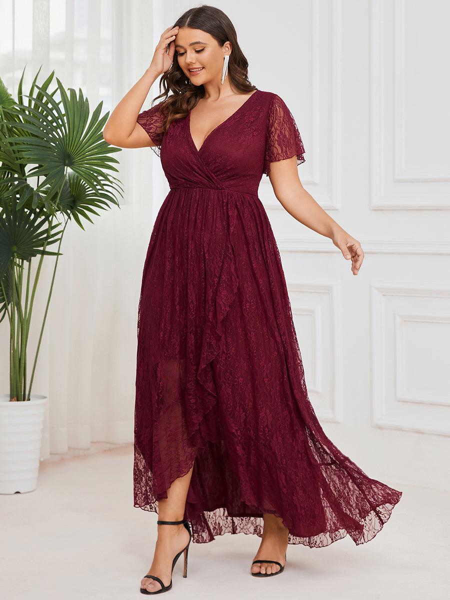 Robe de soirée en dentelle plissée à manches courtes et col en V Grande taille #Couleur_Bordeaux