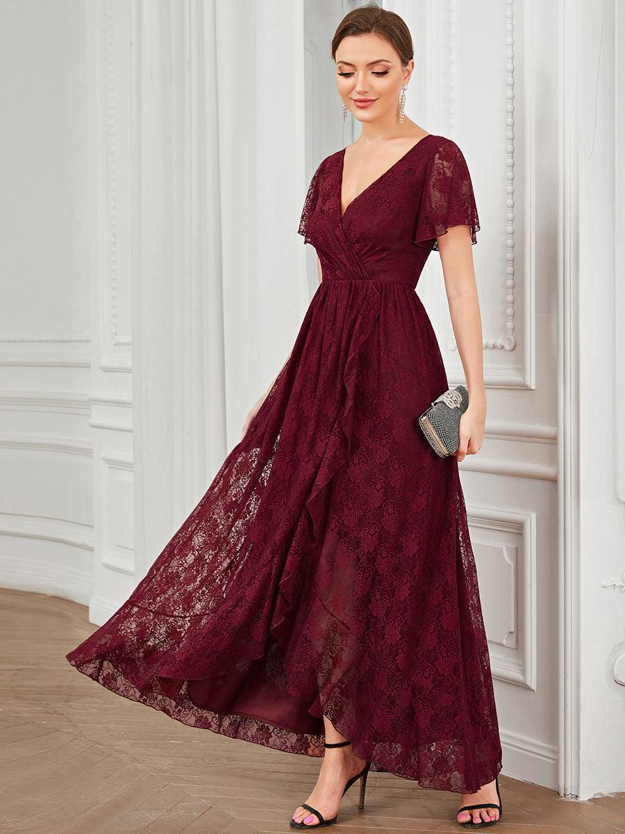 Robe de soirée en dentelle plissée à manches courtes et col en V #Couleur_Bordeaux