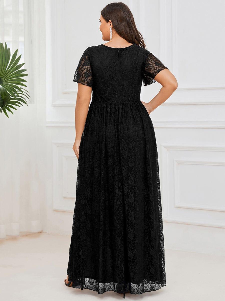 Robe de soirée en dentelle plissée à manches courtes et col en V Grande taille #Couleur_Noir