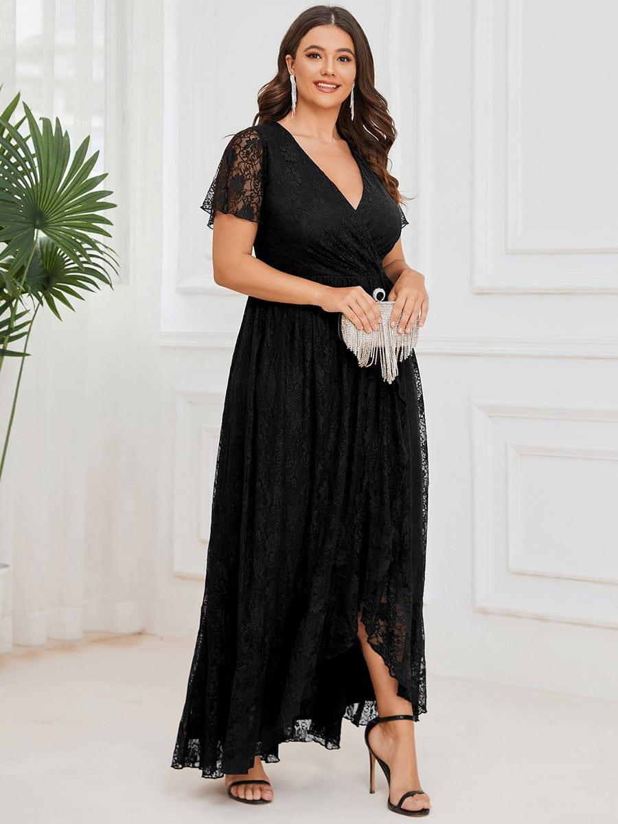 Robe de soirée en dentelle plissée à manches courtes et col en V Grande taille #Couleur_Noir