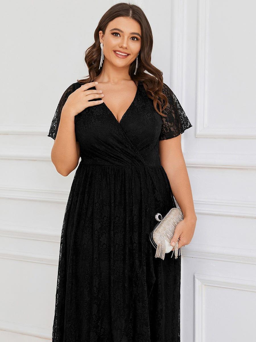 Robe de soirée en dentelle plissée à manches courtes et col en V #Couleur_Noir
