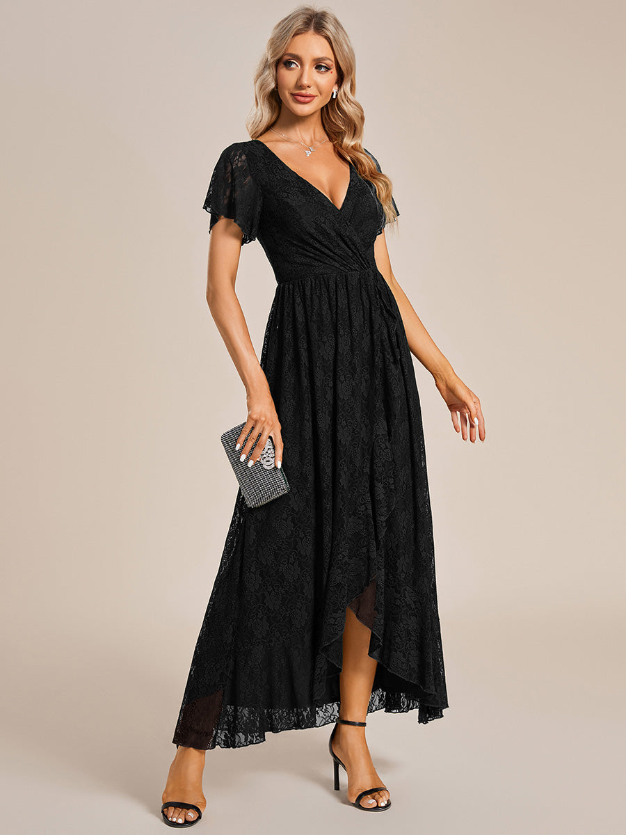 Robe de soirée en dentelle plissée à manches courtes et col en V #Couleur_Noir