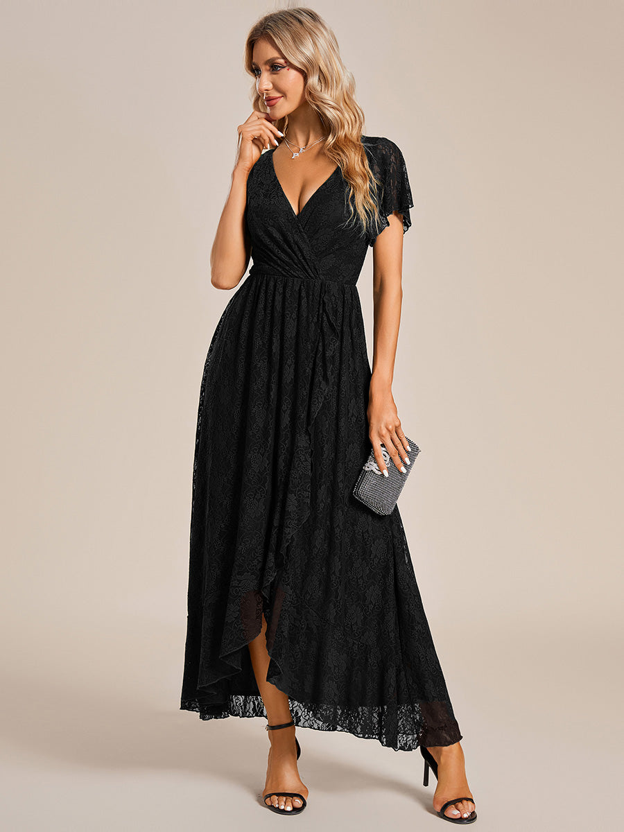 Robe de soirée en dentelle plissée à manches courtes et col en V #Couleur_Noir