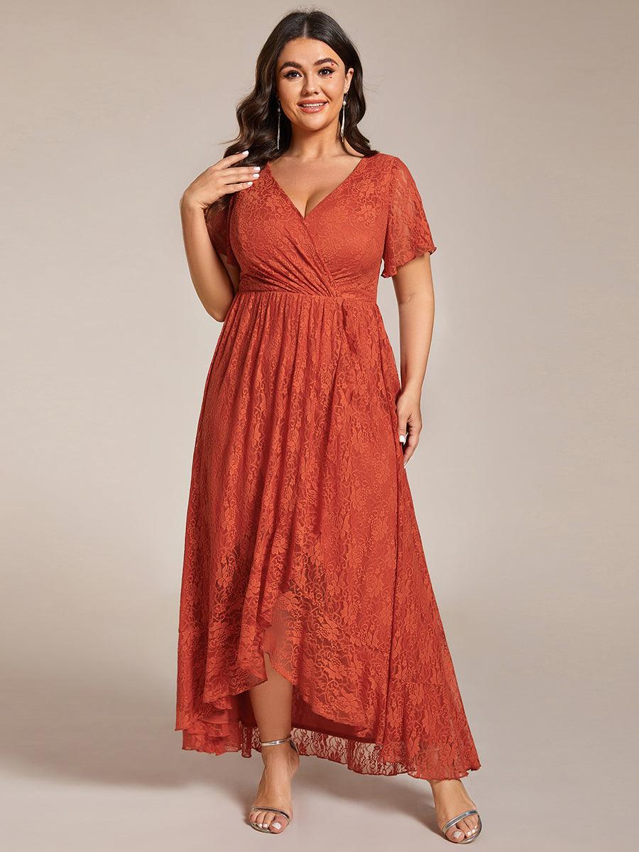 Robe de soirée en dentelle plissée à manches courtes et col en V Grande taille #Couleur_Burnt Orange