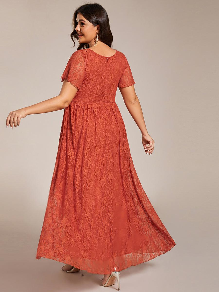 Robe de soirée en dentelle plissée à manches courtes et col en V Grande taille #Couleur_Burnt Orange