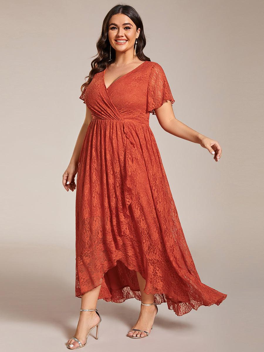 Robe de soirée en dentelle plissée à manches courtes et col en V Grande taille #Couleur_Burnt Orange