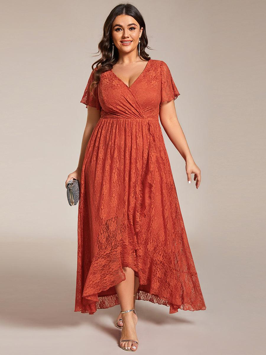 Robe de soirée en dentelle plissée à manches courtes et col en V Grande taille #Couleur_Burnt Orange
