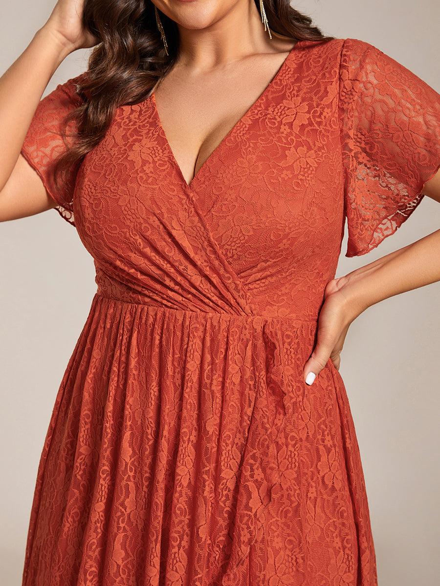 Robe de soirée en dentelle plissée à manches courtes et col en V Grande taille #Couleur_Burnt Orange