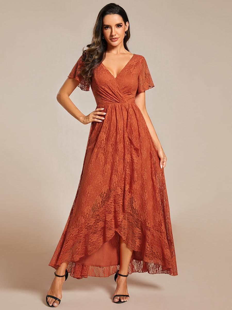 Robe de soirée en dentelle plissée à manches courtes et col en V #Couleur_Burnt Orange