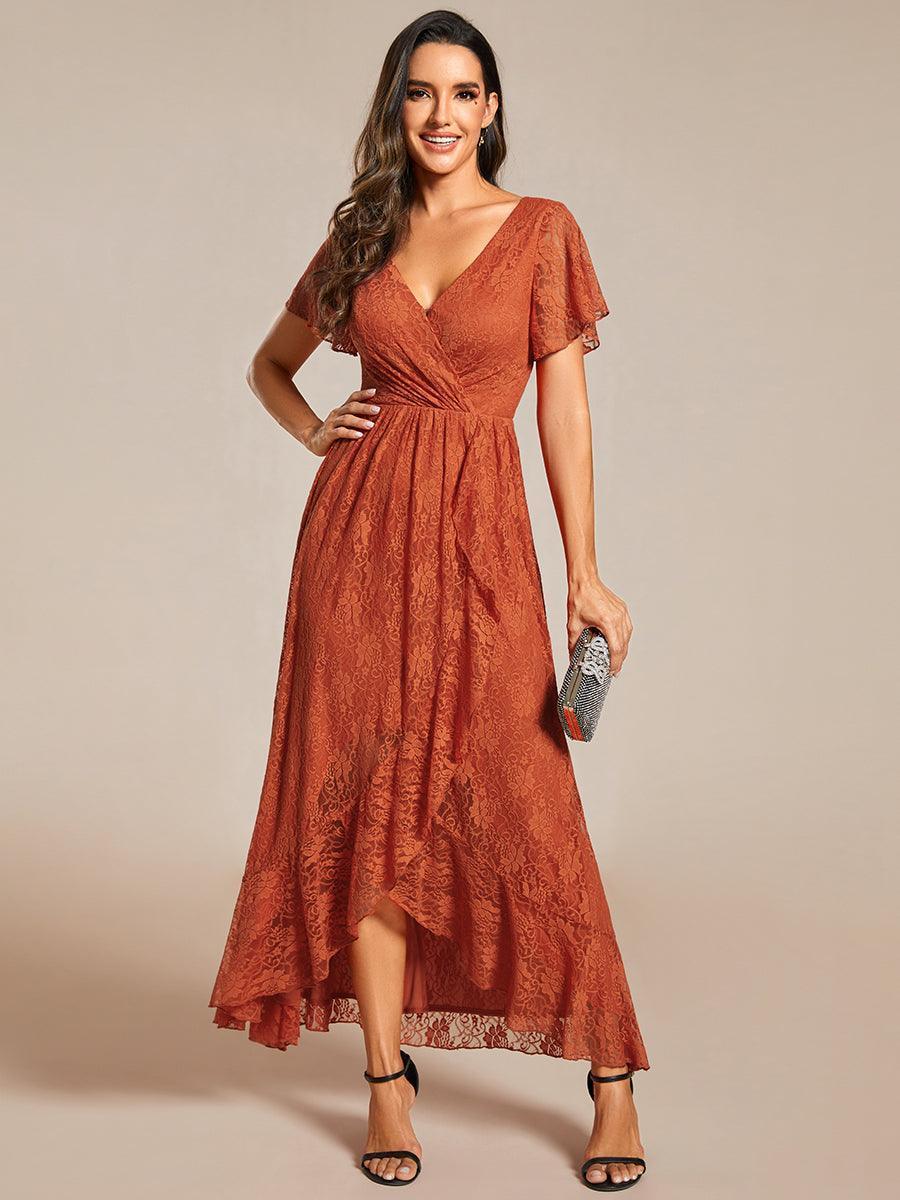 Robe de soirée en dentelle plissée à manches courtes et col en V #Couleur_Burnt Orange