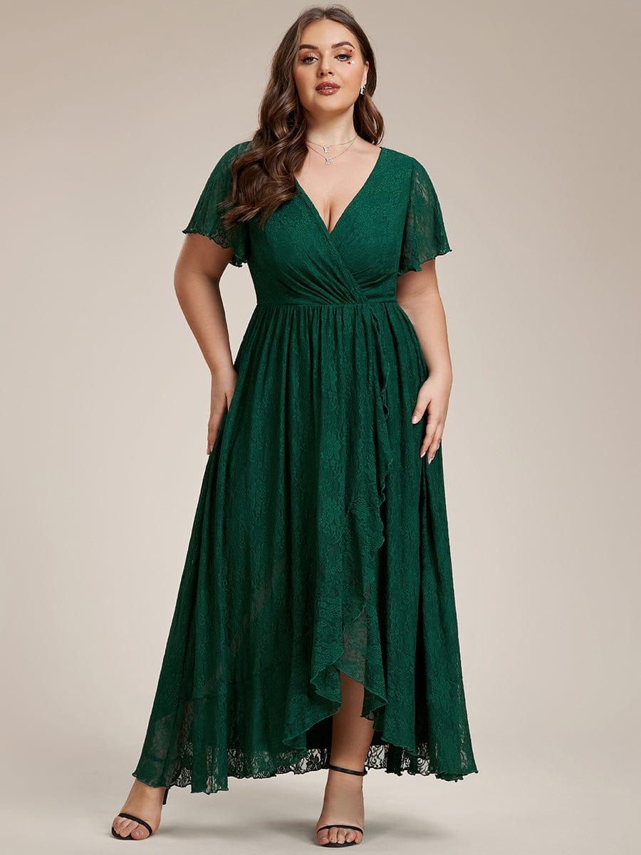 Robe de soirée en dentelle plissée à manches courtes et col en V Grande taille #Couleur_Vert Fonce