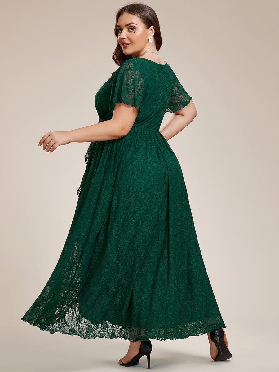 Robe de soirée en dentelle plissée à manches courtes et col en V Grande taille #Couleur_Vert Fonce