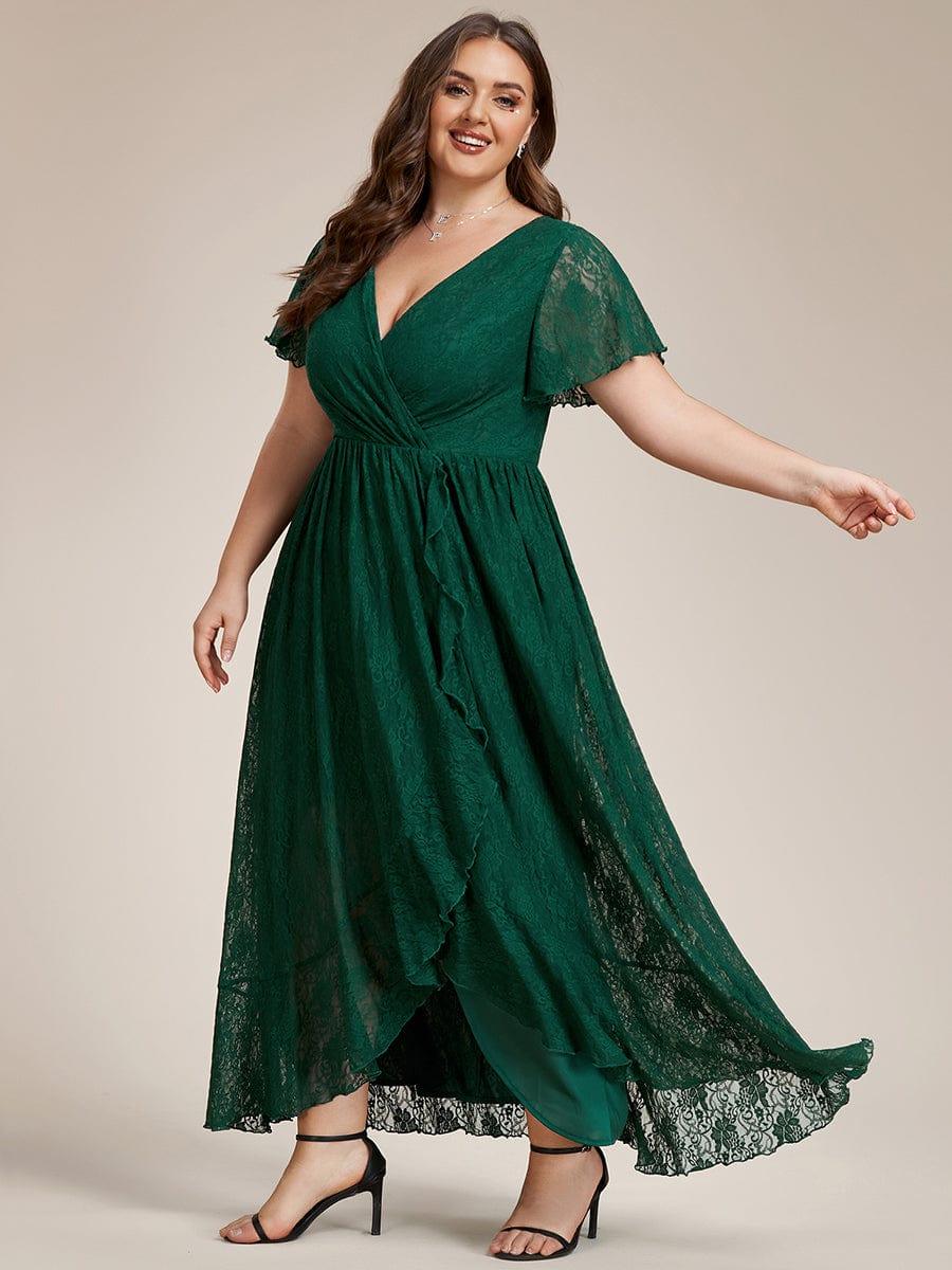 Robe de soirée en dentelle plissée à manches courtes et col en V Grande taille #Couleur_Vert Fonce