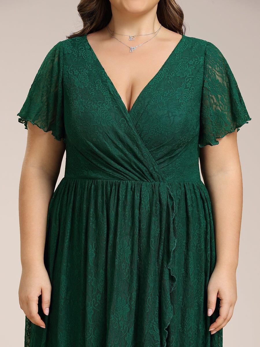Robe de soirée en dentelle plissée à manches courtes et col en V Grande taille #Couleur_Vert Fonce