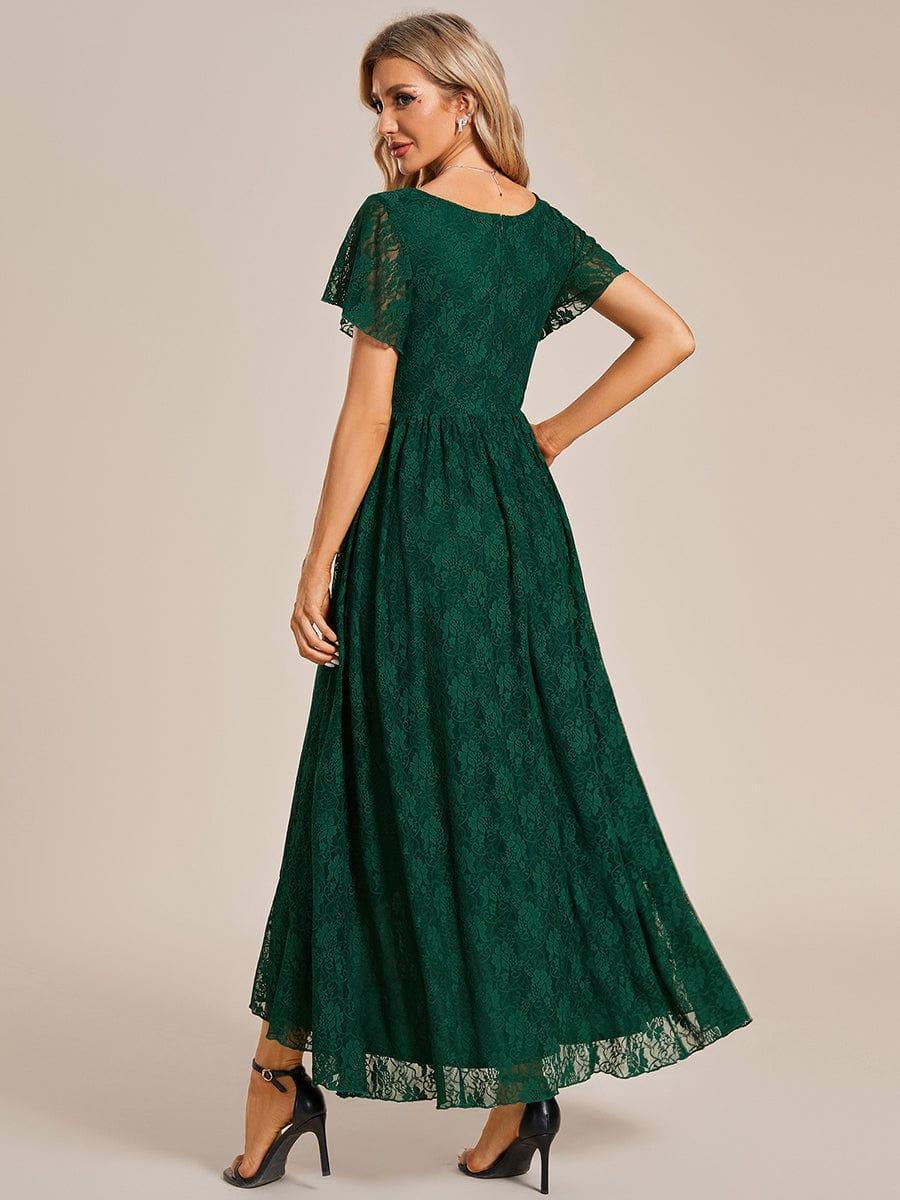 Robe de soirée en dentelle plissée à manches courtes et col en V #Couleur_Vert Fonce