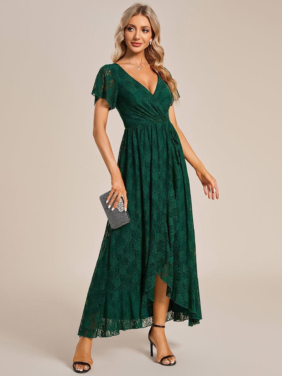 Robe de soirée en dentelle plissée à manches courtes et col en V #Couleur_Vert Fonce