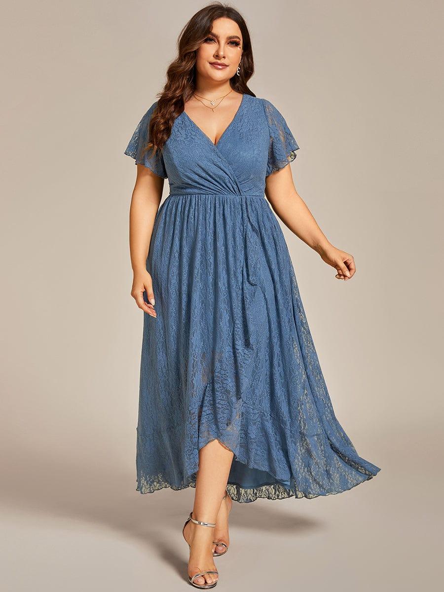 Robe de soirée en dentelle plissée à manches courtes et col en V Grande taille #Couleur_Marine Fume