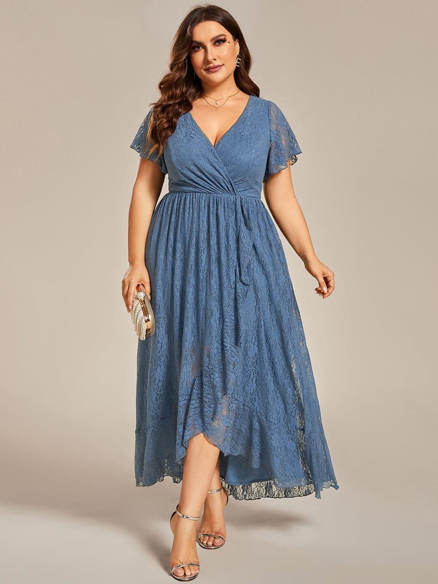 Robe de soirée en dentelle plissée à manches courtes et col en V Grande taille #Couleur_Marine Fume