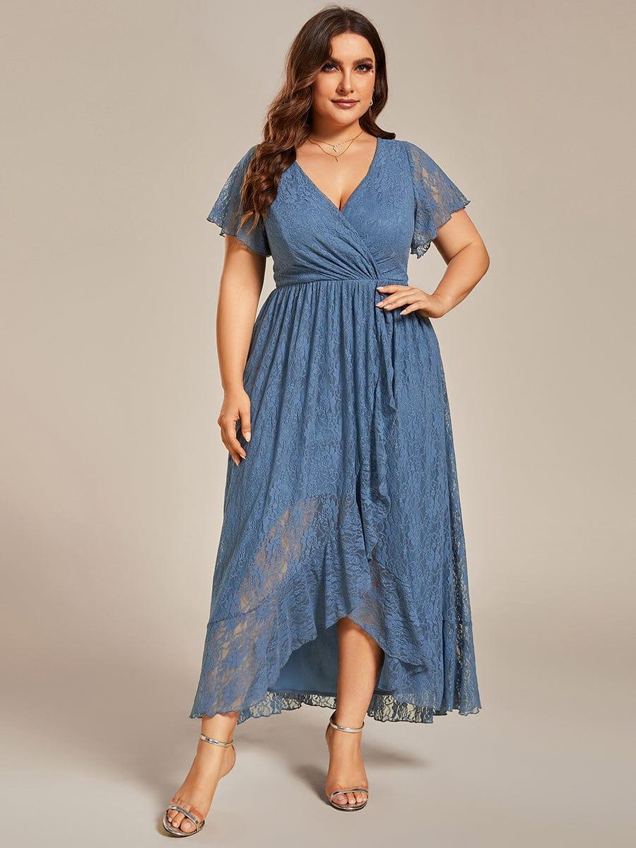 Robe de soirée en dentelle plissée à manches courtes et col en V Grande taille #Couleur_Marine Fume