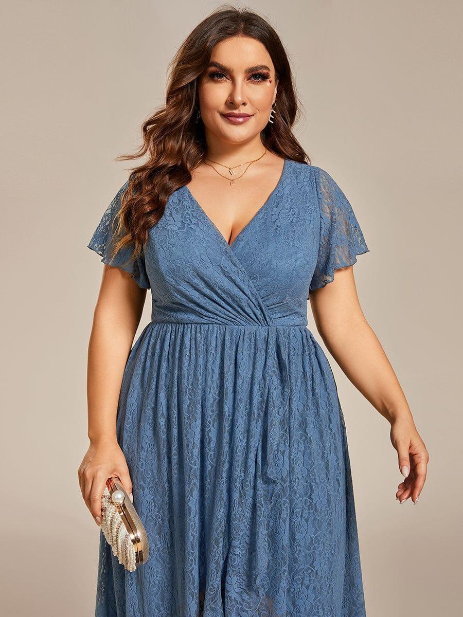 Robe de soirée en dentelle plissée à manches courtes et col en V #Couleur_Marine Fume