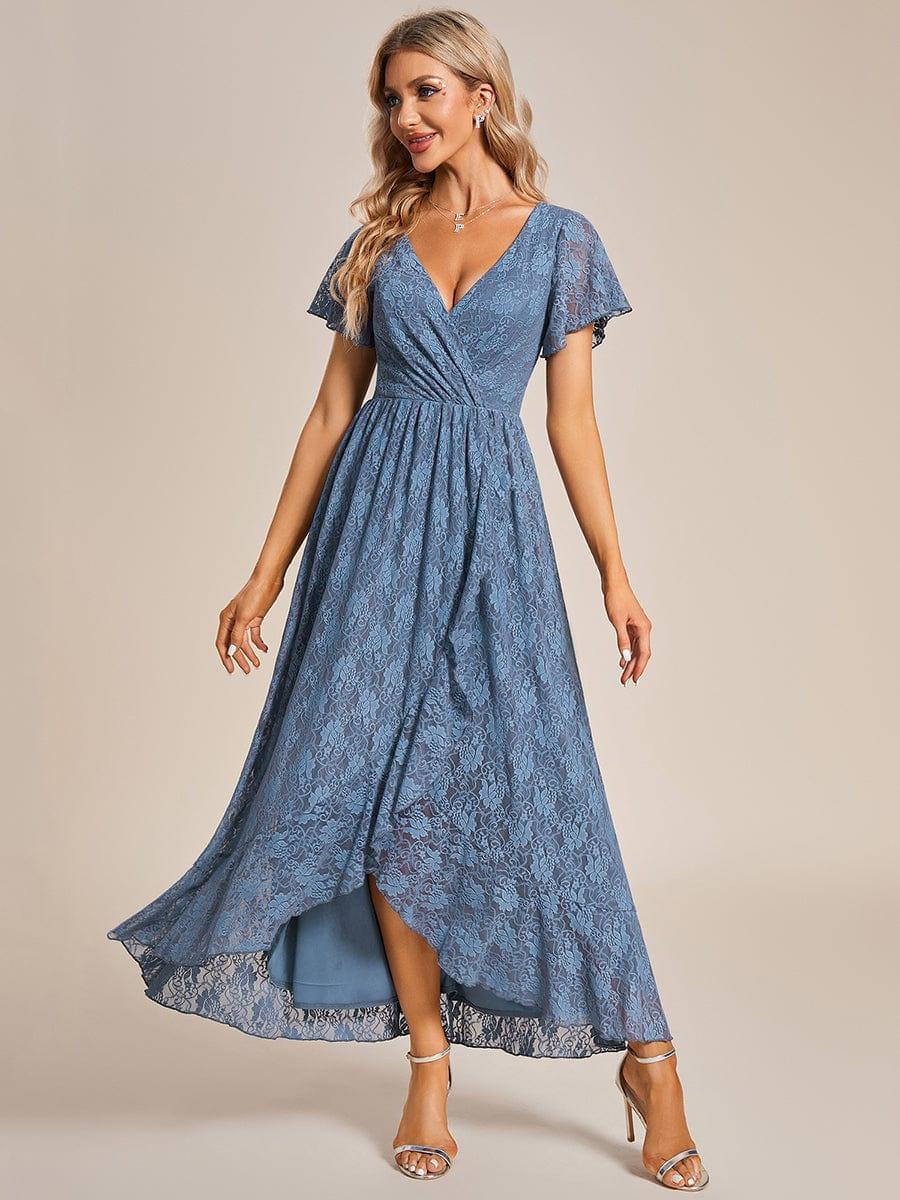 Robe de soirée en dentelle plissée à manches courtes et col en V #Couleur_Marine Fume