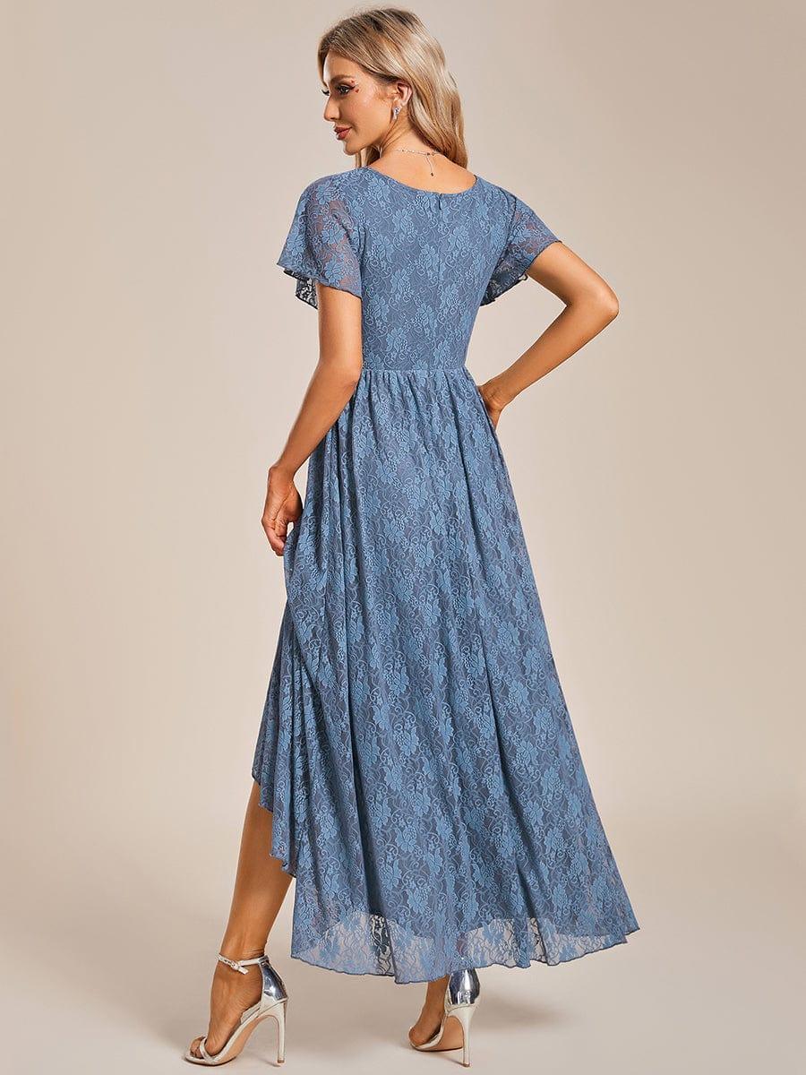 Robe de soirée en dentelle plissée à manches courtes et col en V #Couleur_Marine Fume