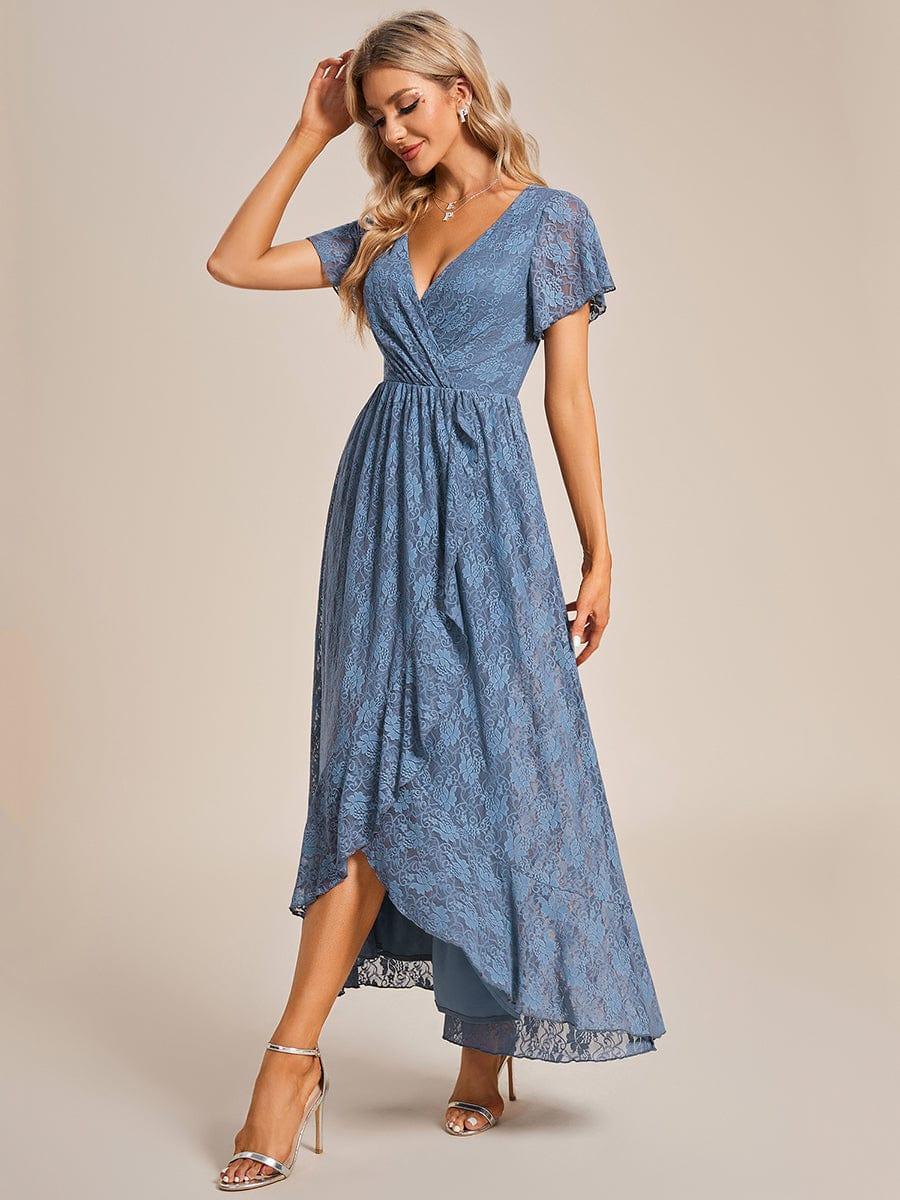 Robe de soirée en dentelle plissée à manches courtes et col en V #Couleur_Marine Fume