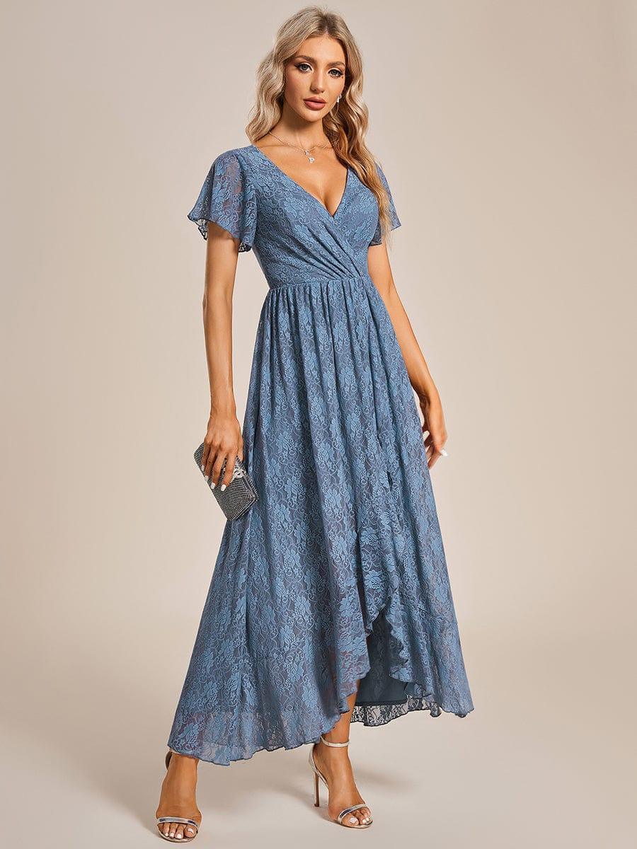 Robe de soirée en dentelle plissée à manches courtes et col en V #Couleur_Marine Fume