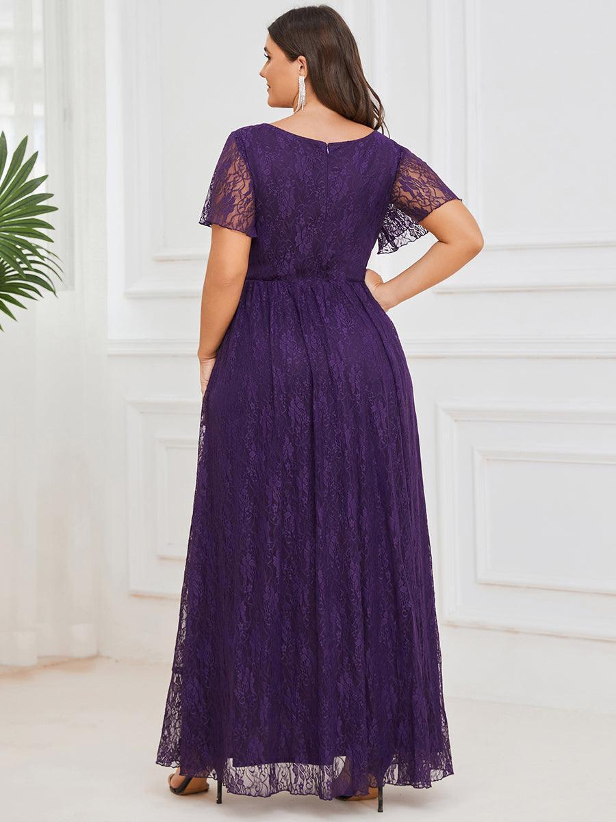 Robe de soirée en dentelle plissée à manches courtes et col en V #Couleur_Violet Fonce