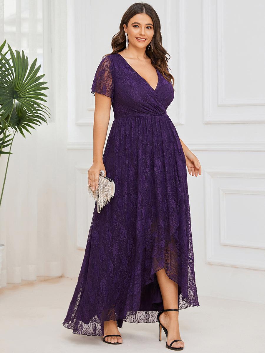 Robe de soirée en dentelle plissée à manches courtes et col en V Grande taille #Couleur_Violet Fonce
