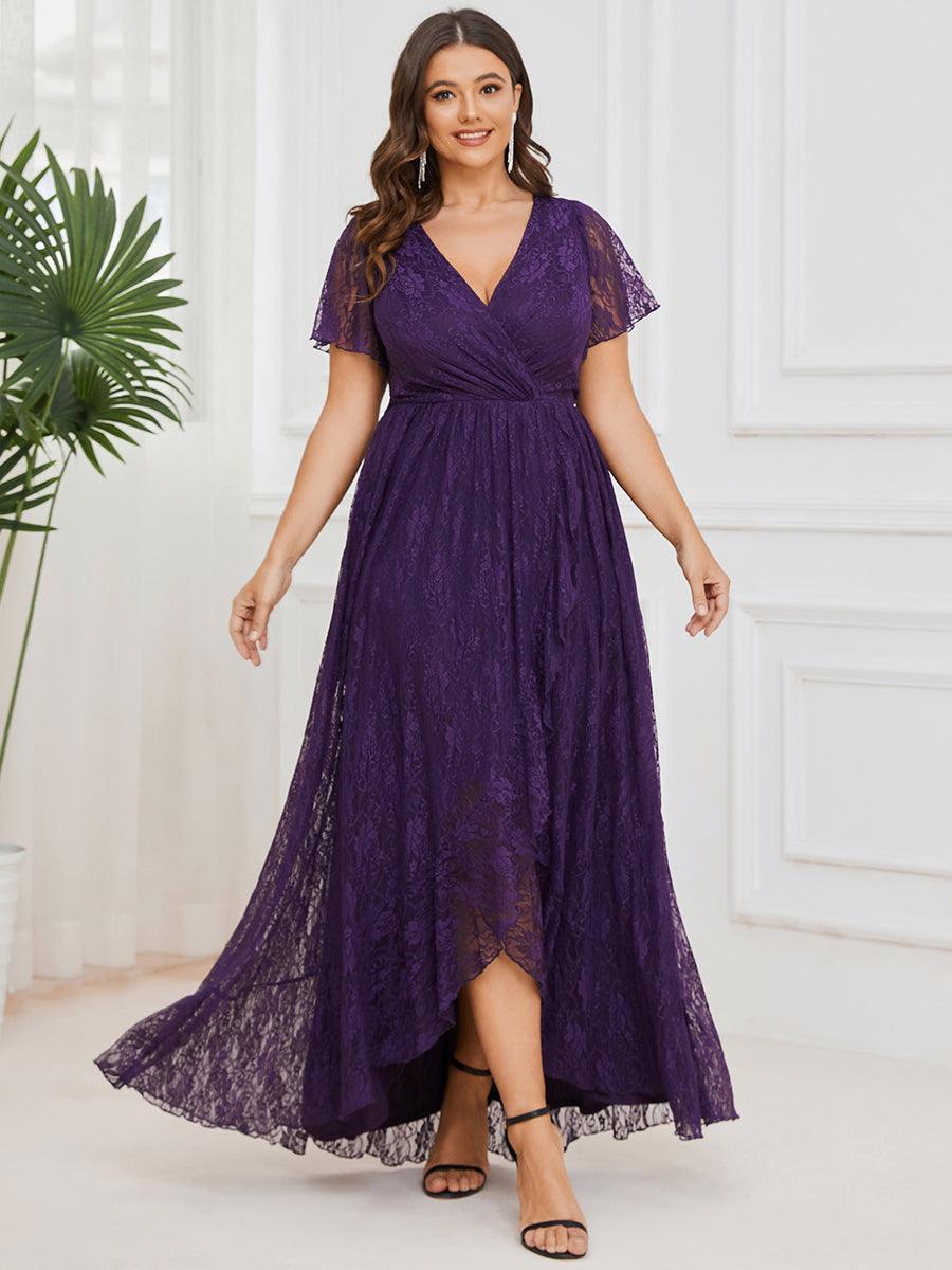 Robe de soirée en dentelle plissée à manches courtes et col en V Grande taille #Couleur_Violet Fonce