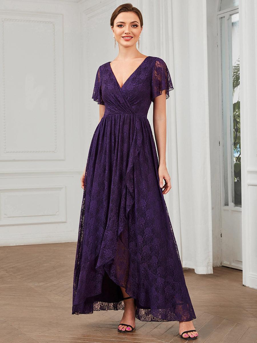 Robe de soirée en dentelle plissée à manches courtes et col en V #Couleur_Violet Fonce