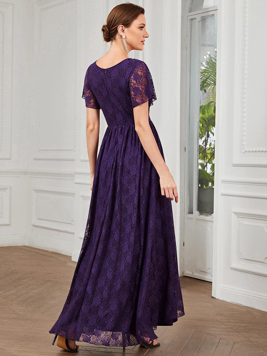Robe de soirée en dentelle plissée à manches courtes et col en V #Couleur_Violet Fonce
